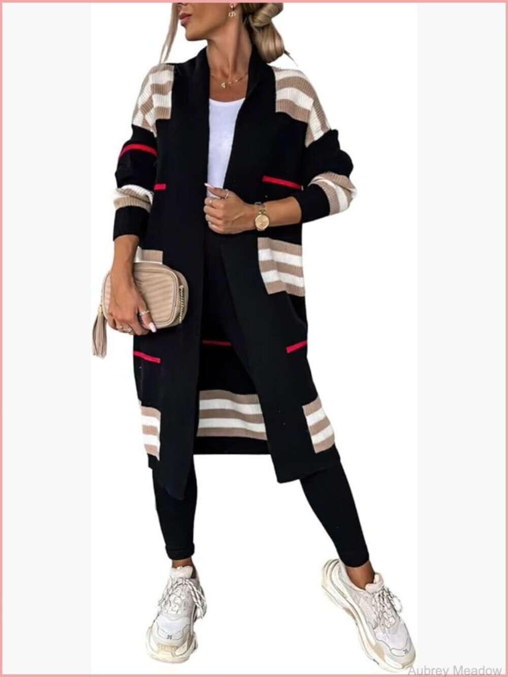 Vintage Open Front Knit Striped Maxi Long Cardigan Sweater with Pockets